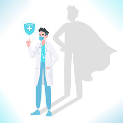 Confident young doctor standing bravely, superhero shadow on the wall. Super hero medical staff or hospital worker. Life saving doctor fighting against pandemic, vector illustration