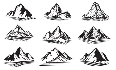 Set of silhouette mountains and landscape in grayscale sketch hand drawn style isolated on white background. Design element for print, cover, banner. Vector illustration.