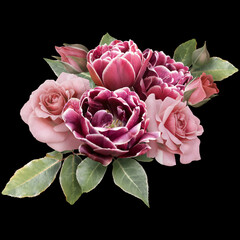 Pink roses and tulips isolated on black background. Floral arrangement, bouquet of garden flowers....