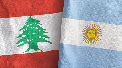 Argentina and Lebanon two flags textile cloth 3D rendering