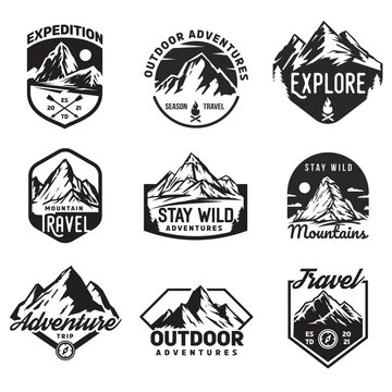 Set templates of outdoor travel, adventures with mountain different forms for badge, logo, patches or emblems in retro vintage style. Collection design concepts for tourism. Vector illustration.