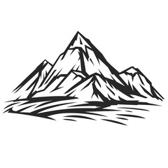 Silhouette mountains and landscape in grayscale sketch hand drawn style isolated on white background. Design element for print, cover, banner. Vector illustration.