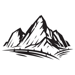 Silhouette mountains and landscape in grayscale sketch hand drawn style isolated on white background. Design element for print, cover, banner. Vector illustration.