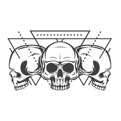 Mystic symbol composition with sacred geometry forms and human skull. Vintage art design concept isolated on white background. Modern vector illustration for print, tattoo.