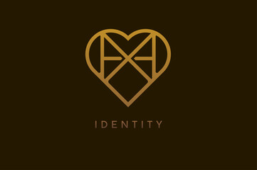Abstract initials H and X logo, gold colour line style heart and letter combination, usable for brand, card and invitation, logo design template element,vector illustration