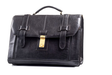 Studio lighting. on a white background an old shabby black briefcase. Close-up