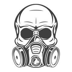 Human skull with gas mask. Monochrome vintage art design concept isolated on white background. Hand drawn modern vector illustration for print, tattoo.