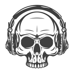 Human skull with headphones. Monochrome vintage art design concept isolated on white background. Modern vector illustration for print, tattoo.
