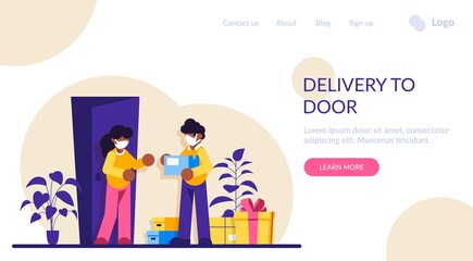 Courier hands over the parcel to the client. Express delivery of packages, goods to the home. Parcels delivery service. Vector illustration, flat design cartoon style. Online delivery