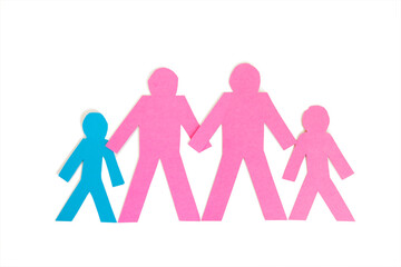Row of paper stick figures holding hands over white background