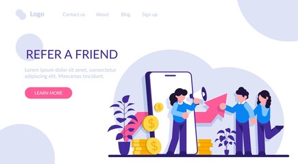 Refer a friend modern illustration concept. Businesswoman shout on megaphone with refer a friend words, can be used for landing pages, template, ui, web, mobile app, poster banner or flyer.