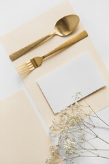 table setting with napkin and cutlery. white blank mockup