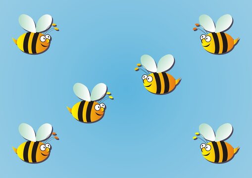 Flying bees on blue background, funny vector illustration