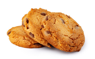 Pile of chocolate chip cookies isolated on white background