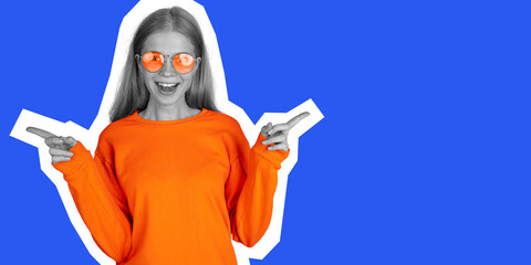 Happy emotional beautiful girl posing isolated on blue background. Collage in magazine style. Flyer...
