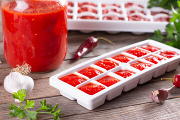 Frozen tomato juice cubes in the plastic shape on table
