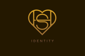 Abstract initials H and S logo, gold colour line style heart and letter combination, usable for brand, card and invitation, logo design template element,vector illustration