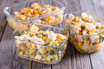 Containers with ready meals in containers ready to be frozen for later use. Ready to eat.