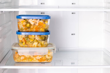 Refrigerator with frozen food (vegetable stew). Ready meal