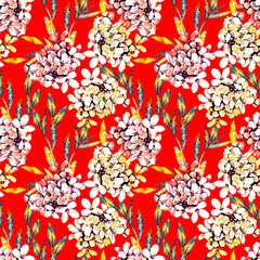 Cosmos flowers with colored leaves seamless pattern.