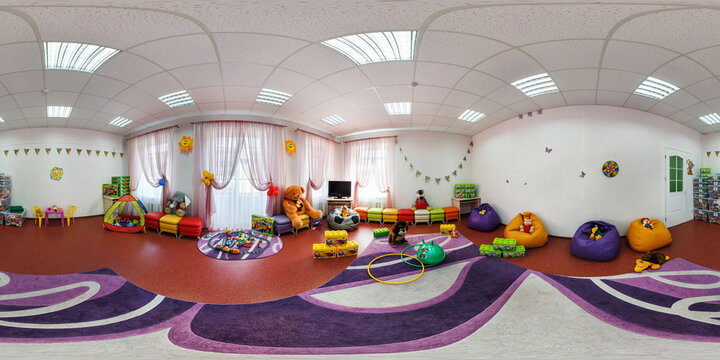GRODNO, BELARUS - MAY 2, 2016: Panorama interior playroom in the center of children development. Full spherical 360 by 180 degrees seamless panorama in equirectangular projection. VR content