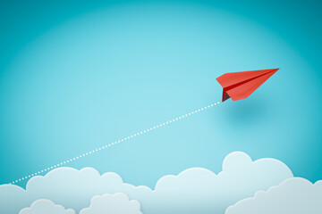 one red paper plane pointing in different way on blue background. Business for new ideas creativity and innovative solution concepts. 3D rendering © EZPS