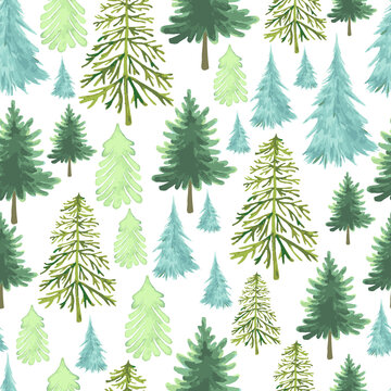 Christmas Trees seamless pattern, different forms of species trees, watercolor green and blue color, as symbol Happy New Year, Merry Christmas holiday celebration.