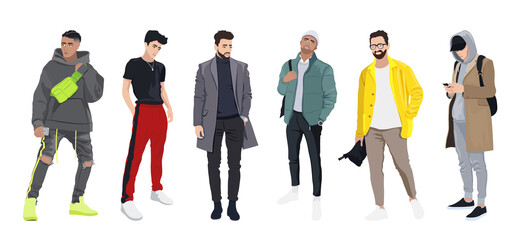 Set of men dressed in stylish trendy clothes, trendy guys, models in modern street style, autumn looks - jackets, coats, baseball caps, joggers vector male cartoon characters, vector illustration