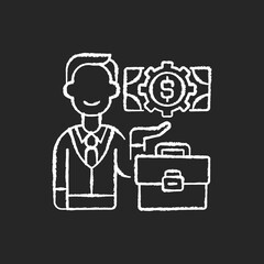 Businessman chalk white icon on black background. Successful entrepreneur, company employee. Bank manager, professional financier, business investor. Isolated vector chalkboard illustration