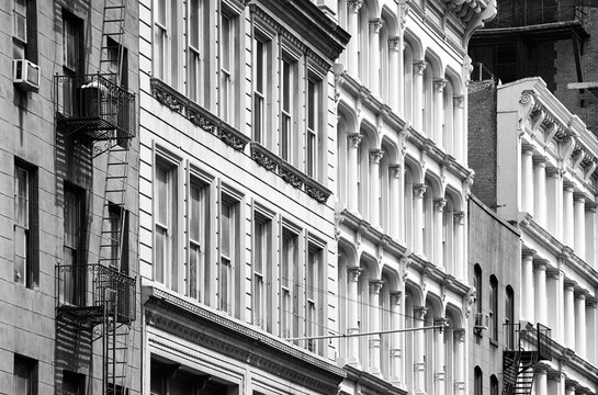 Black and white photo of New York diverse architecture, USA.