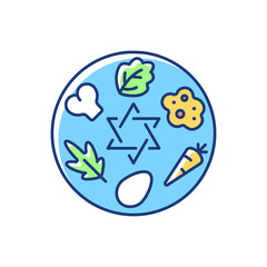 Passover Seder plate RGB color icon. Food platter. Symbolic foods. Six ritual items. Family tradition. Shankbone, karpas, chazeret, charoset, maror and egg. Isolated vector illustration