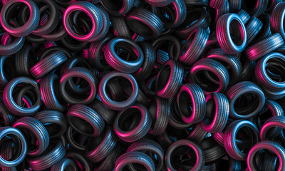 3d background render of a group of car tires, purple and blue lights. © tiero