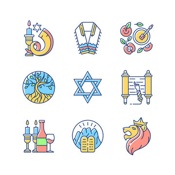 Judaism symbols RGB color icons set. Shofar, shophar. Jewish prayer shawl. Apples and honey pot. Life tree. David star. Torah scroll. Kosher wine. Stone Tablets. Isolated vector illustrations