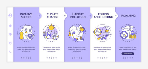 Environmental damage onboarding vector template. Fishing and hunting. Poaching, illegal trapping of animal. Responsive mobile website with icons. Webpage walkthrough step screens. RGB color concept
