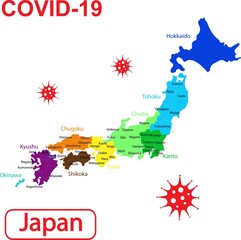 Map of Japan labeled "COVID-19". Map on a white background. Vector illustration of a virus, coronavirus, epidemiology.
