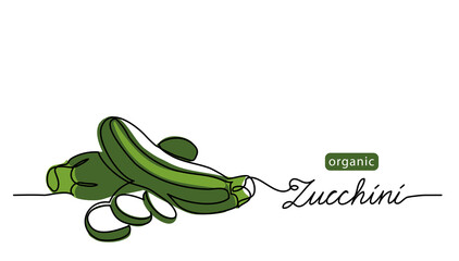 Fototapeta na wymiar Zucchini, green marrow, courgette or squash vector illustration. One line drawing art illustration with lettering organic zucchini.