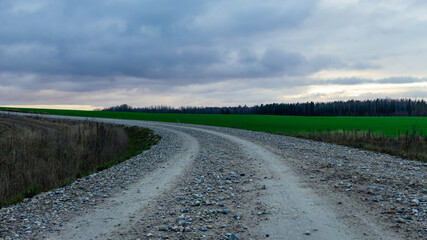 Tire marks at country road, green meadow field