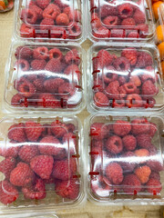 fresh raspberries in plastic boxes in a supermarket