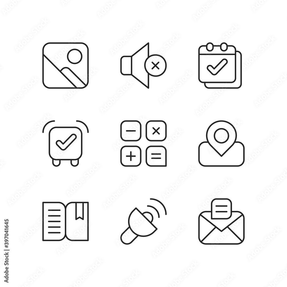 Poster smartphone interface pixel perfect linear icons set. photo gallery. silent mode. calendar. alarm clo
