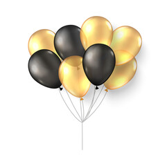 Gold black balloons. 3d realistic happy holidays flying air helium ballon mock up. Black friday new year birthday party poster card design