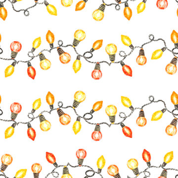Watercolor Christmas or Holiday lights seamless pattern. Festive hand painted graphics. Fairy strings of warm lights. Yellow and orange glass lamps garlands.