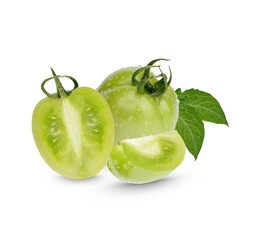 Fresh green tomatoes with leaves on white background