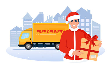 Smiling delivery man in Santa Claus costume with a box in  hands, standing with a truck on the background of the city. Vector illustration in the flat style.