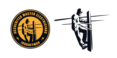 Electrician worker checks the wires. illustration and badge for a small business.