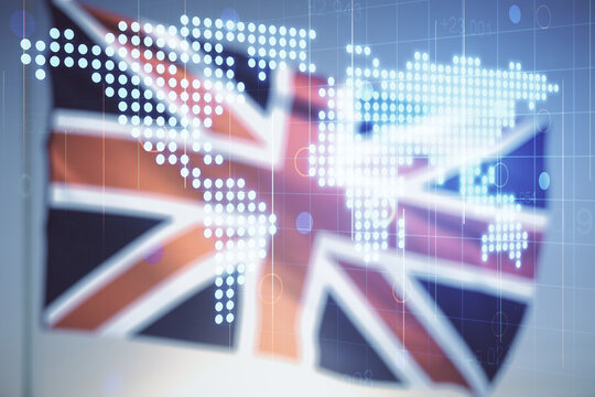Abstract creative world map interface on flag of Great Britain and sunset sky background, international trading concept. Multiexposure
