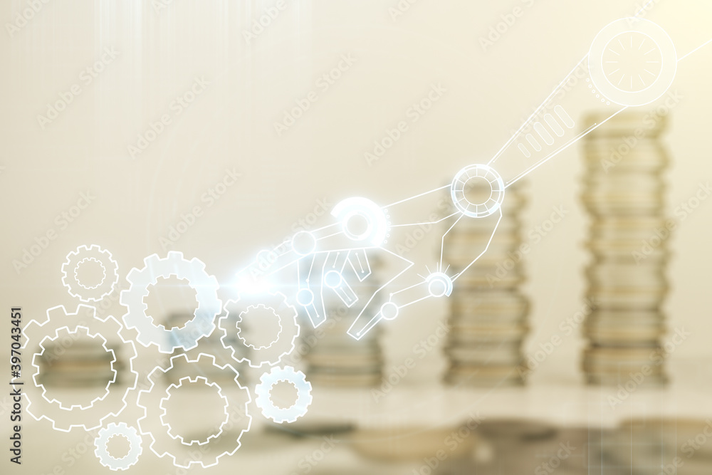 Aufkleber abstract virtual robotics technology hologram on stacks of coins background. robot development and a