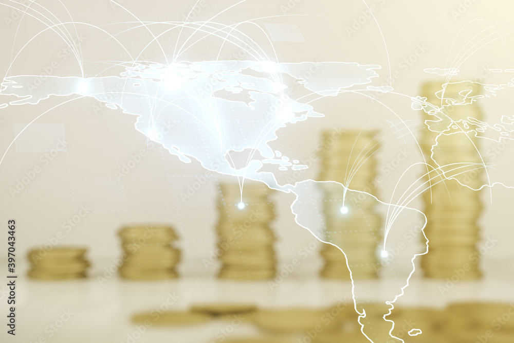 Poster double exposure of abstract digital world map hologram with connections on growing coins stacks back