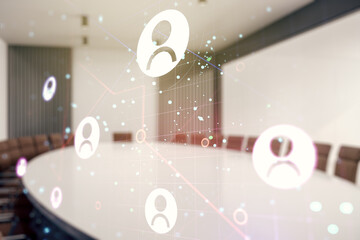 Double exposure of social network icons hologram on a modern boardroom background. Networking concept