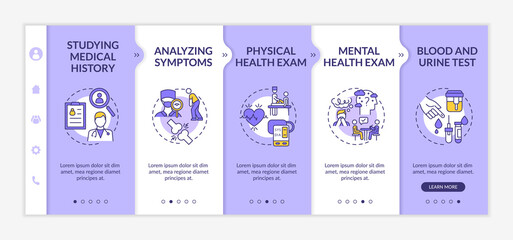 Myalgic encephalomyelitis diagnostics onboarding vector template. Medical history. Mental health exam. Responsive mobile website with icons. Webpage walkthrough step screens. RGB color concept