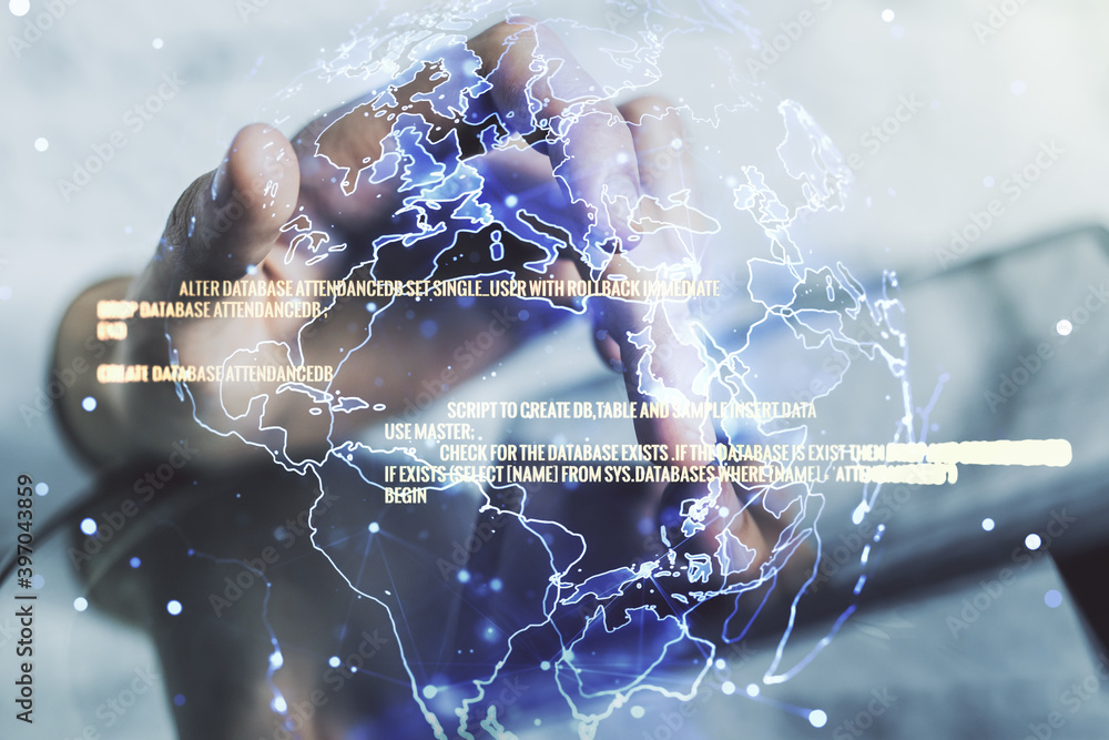 Poster abstract creative coding concept with world map and finger clicks on a digital tablet on background.